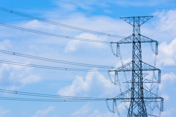 Electricity concept. Close up high voltage power lines station.