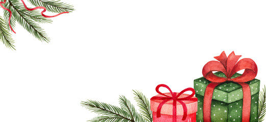 Watercolor vector Christmas card with fir branches and gifts.
