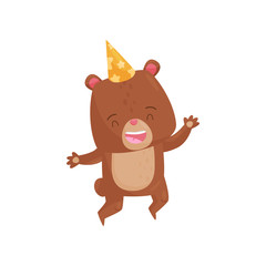 Joyful brown bear in jumping action. Happy humanized animal in party hat. Flat vector design