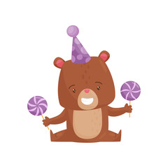 Smiling little bear in party hat, holding sweet lollipops in paws. Cute humanized animal. Flat vector icon