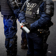 French Police officers securing the zone in front of the yellow vests movement protesters on Quai des Bateliers street woman officer with tear gas bottle ready to use it - square image, 