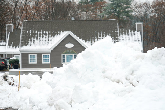 Snow Pile In Front Of Winter House After Snow Storm 