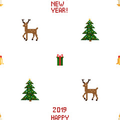 Colorful Pixel Pattern with Christmas Elements. Atcade games style
