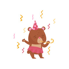 Adorable girl bear character in Birthday hat blowing in party horn, confetti flying in the air. Flat vector icon
