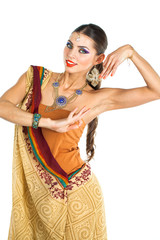 Caucasian brunette woman in brown indian national dress sari