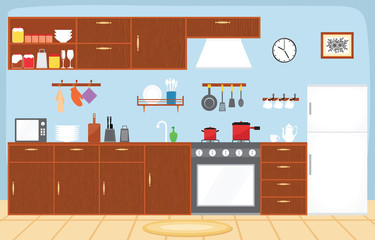 Kitchen Interior Furniture Cutlery Tableware Cooking Flat Illustration
