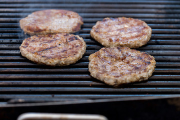 Grilled meat / pork burgers, grill, smoke and light aroma - Cooking grill burgers process