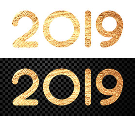 New Year 2019 sign with gold figures on white or transparent backdrop.