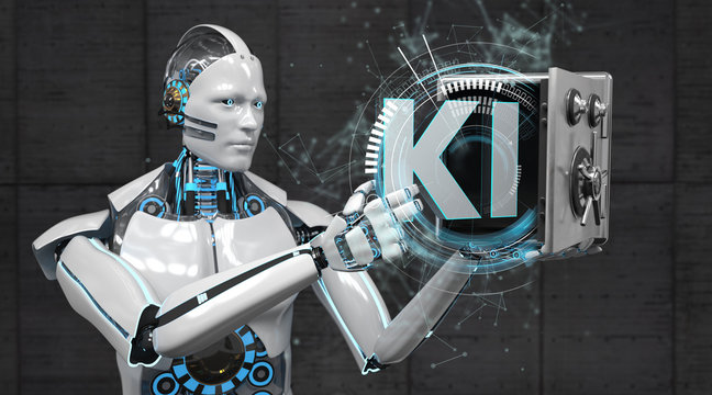 Humanoider Roboter verwahrt die Künstliche Intelligenz in einem Tresorschrank