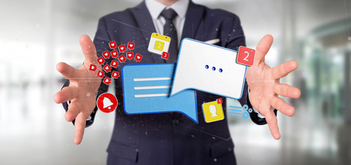Businessman holding message and notifications of social media 3d rendering