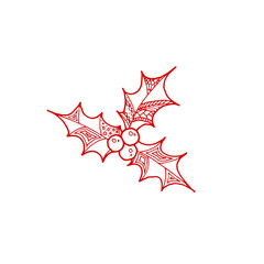 Vector Christmas decorative symbol -  holly. Red Christmas hand drawn holly on white background