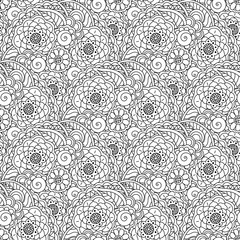 Vector seamless pattern of decorative black floral mandalas on white background. Coloring book page anti stress background