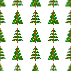 Vector seamless pattern of pixel art Christmas tree on white background