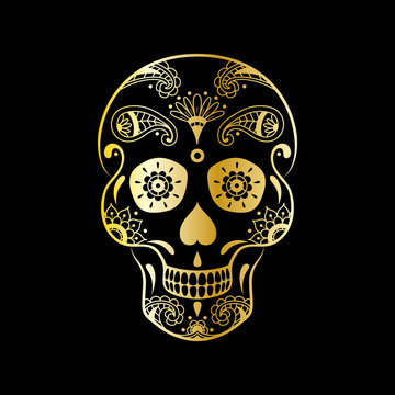 Vector golden sugar skull with floral pattern on black background. Luxury illustration of sugar skull for Mexican Day of the Dead Celebration Festival
