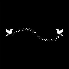 Elegant monochrome romantic illustration with heart confetti wave and flying doves.