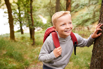 Pre-teen boy taking a break leaning on a tree during a hike in a forest, elevated view, close up