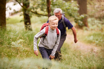Fototapeta premium Close up of pre-teen boy hiking with his grandfather in a forest, selective focus