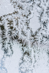 Beautiful ice flowers on glass. Hoarfrost background.
