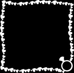 Vector black and white vintage photo frame made of hearts with ring silhouette in corner.