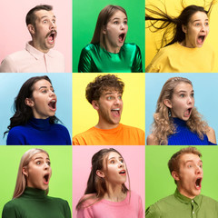 Fototapeta na wymiar The surprised and astonished young woman and man screaming with open mouth isolated on colorful background. concept of shock face human emotion