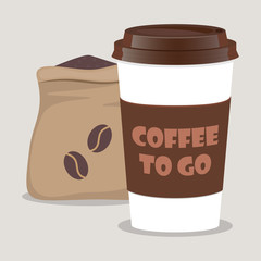 Coffee takeaway cup, realistic and sack with coffee beans. Coffee to go lettering. Close up take-out coffee with brown cap and cup holder. Vector illustration for cafe, voucher, flyer template.