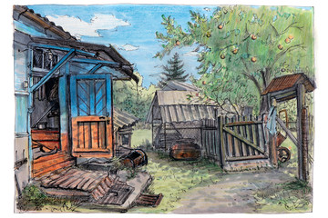 Рисунок выполнен скетч фломастером.Сельский быт.Лето в деревне.Открытая дверь крыльца.