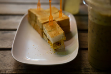 Blurred of bread and coffee.