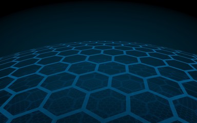 Multilayer sphere of honeycombs, blue on a dark background, social network, computer network, technology, global network. 3D illustration
