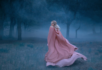 Gorgeous young queen with blond hair runs in a dark and dense scary forest full of white mist,...