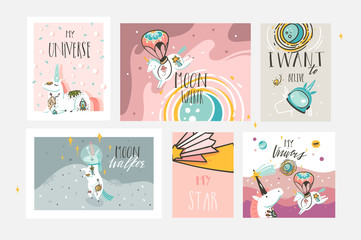 Hand drawn vector abstract graphic creative cartoon illustrations cards collection set template with astronaut unicorns with old school tattoo,planets and spaceship isolated on pastel background