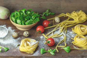 Raw homemade Italian typical pasta linguine noodles