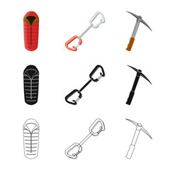 Vector illustration of mountaineering and peak icon. Set of mountaineering and camp stock symbol for web.