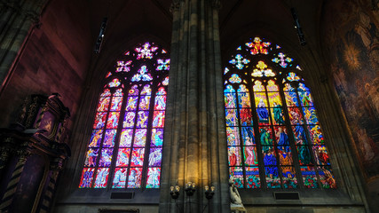 Colorful mosaic windows inside St. Vitus Cathedral at Prague Castle, Prague, Czech Republic