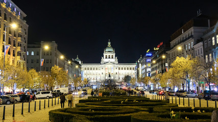 Fototapeta na wymiar National Museum of Prague view from Wenceslas Square at night, 