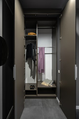 Great luminous interior in modern style with gray walls and wardrobe