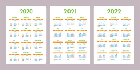 Calendar 2020, 2021, 2022 years. Vertical vector calender design template. Set. Week starts on Sunday