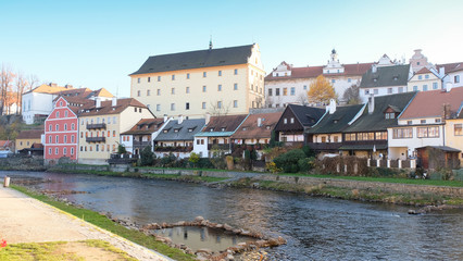house and hotel along vltava river side in Cesky Krumlov town.