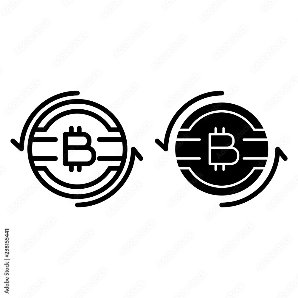Poster Bitcoin exchange line and glyph icon. Cryptocurrency vector illustration isolated on white. Bitcoin with arrows outline style design, designed for web and app. Eps 10.