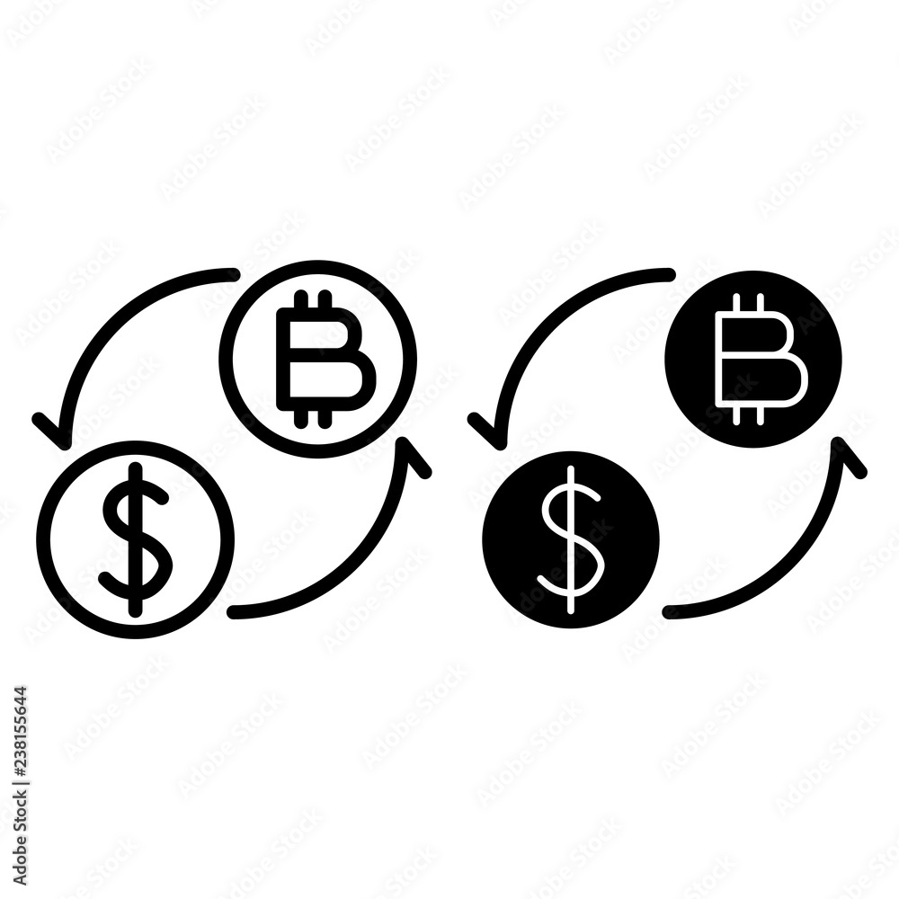 Poster Coins of dollar and bitcoin with arrows line and glyph icon. Dollar and bitcoin exchange vector illustration isolated on white. Cryptocurrency exchange outline style design, designed for web and app