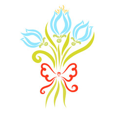 A bouquet of blue flowers with a beautiful bow and heart