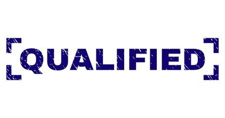 QUALIFIED text seal print with distress texture. Text title is placed inside corners. Blue vector rubber print of QUALIFIED with dust texture.