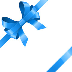 Blue ribbon bow. Diagonal wrapped gift