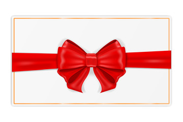 Greeting card wrapped with red ribbon. With silk bow