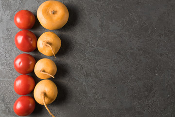 Layout with vegetables turnip tomato and copy space for text .