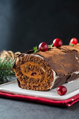 Buche de Noel. Traditional Christmas dessert, Christmas yule log cake with chocolate cream, cranberry. On stone gray background with Christmas tree branches.
