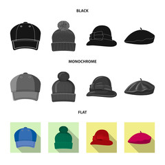 Isolated object of headgear and cap symbol. Set of headgear and accessory stock symbol for web.
