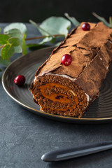 Buche de Noel. Traditional Christmas dessert, Christmas yule log cake with chocolate cream, cranberry. Copy space.