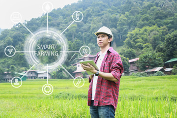 Smart Farming.Management Information System using technologies in agriculture.farmer with tablet computer in field using apps and internet of things(IOT) in production and agricultural research © mansong