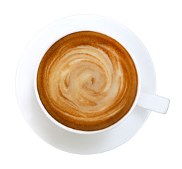 Hot coffee latte cappuccino spiral foam in ceramic cup top view isolated on white background, clipping path included