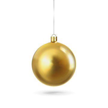 Golden Christmas Ball Isolated On A White Background. Festive Xmas Decoration Gold Bauble And Bright Snowflake, Hanging On The Ribbon. Vector Object For Christmas Design, Mockup